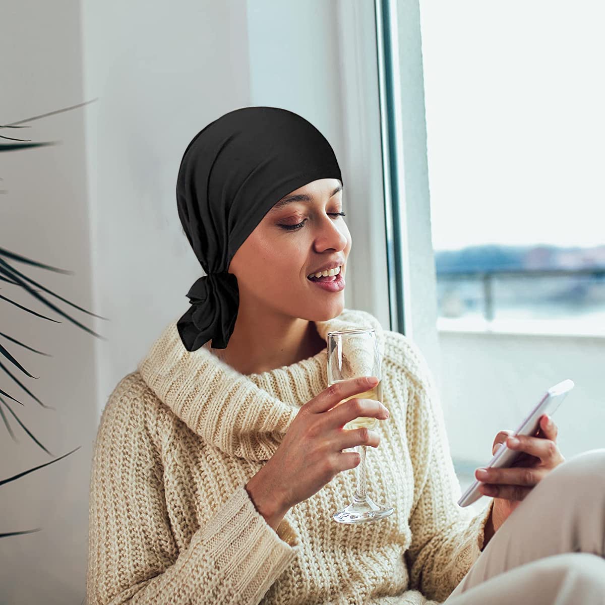 PALAY Head Scarf for Women Cotton Elastic Chemo Caps Headwear Turban, Pre-tied Slip On Cancer Cap Headwrap Headscarf for Hair Loss or Thin Hair - Black