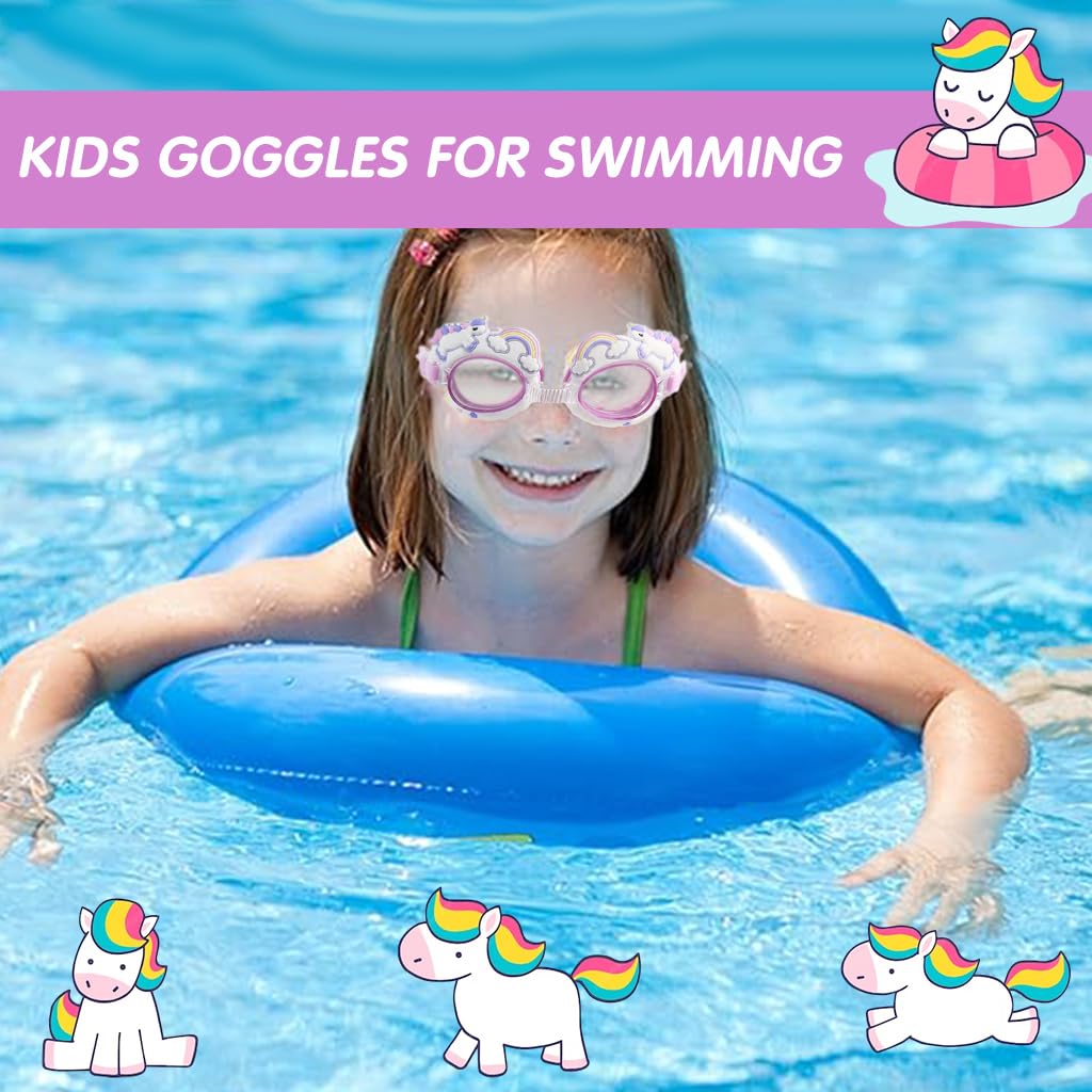 Proberos Kids Swimming Goggles, Grils Adjustable Strap Goggles for Swimming, Rainbow Horse Waterproof Swimming Goggles Swimming Goggles Anti-Fog, UV Protection for Kid(Age 3-10)