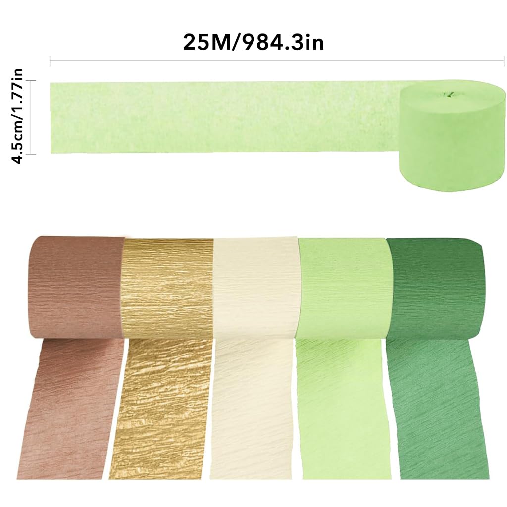 HASTHIP 5 Rolls Party Decorations Paper Streamers - Green & Gold Crinkle Paper for Camp Bachelorette, Baby Shower, Wedding, Bridal Shower, Engagement Party Supplies Décor, 1.7 inches x 82 ft Per Roll