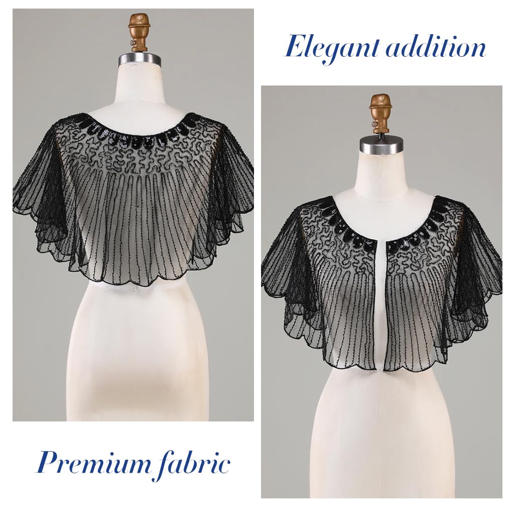 PALAY Lace Shrugs Shawl for Women Stylish Sheer Cape for Women Cover Up Wraps Black Sequin Shawl for Wedding Dress, Off Shoulder Dress, Strapless Dresses