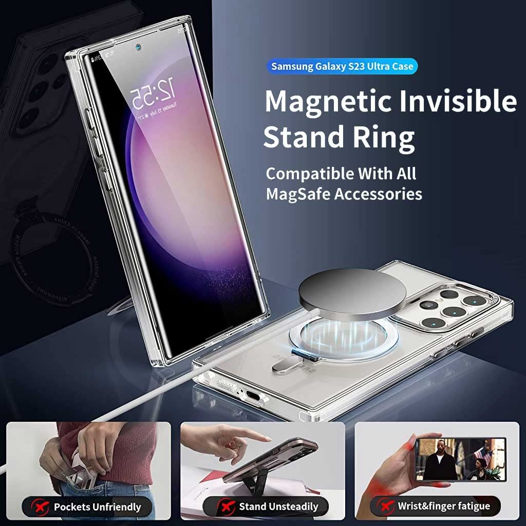 ZORBES Phone Case for Samsung Galaxy S23 Ultra, with Kickstand Ring, Metal Frame Lens Protection, S23 Ultra Phone Case Compatible with Mag Safe Support Wireless Charging Silver