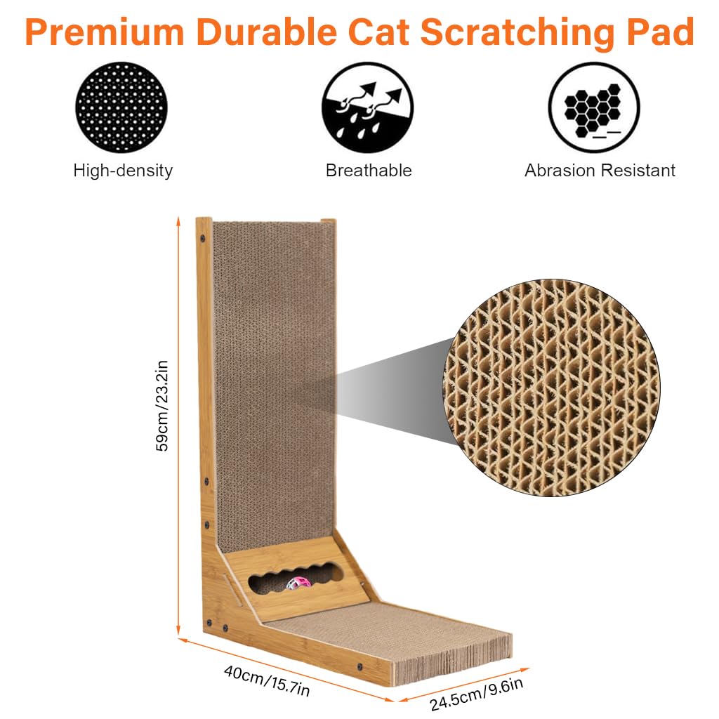 Qpets Cat Scratcher with Bell Toy 26.8 Inch Stand-up Cat Scratcher Premium Cardboard Scratcher for Cat Cardboard Scratcher Cat Toy