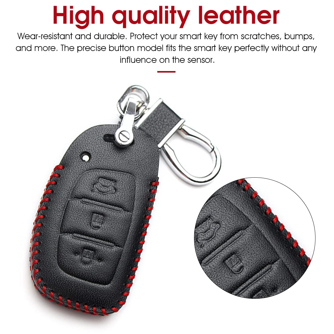 GUSTAVE Car Key Case, Soft Leather Key Cover for Hyundai 3 Button Smart Key with Keychain (3 Button Smart Key, Black)