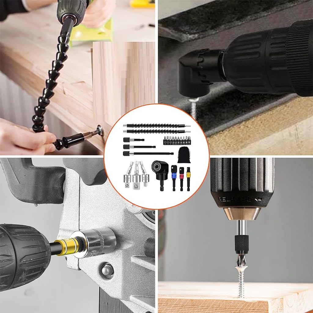 Serplex Flexible Drill Bit Extension Set with 105° Right Angle Attachment, Rotatable Joint Socket 3PCS (1/4, 3/8, 1/2 In Hex Adapter) & Bendable Screwdriver Bit for Home DIY and Professional Use