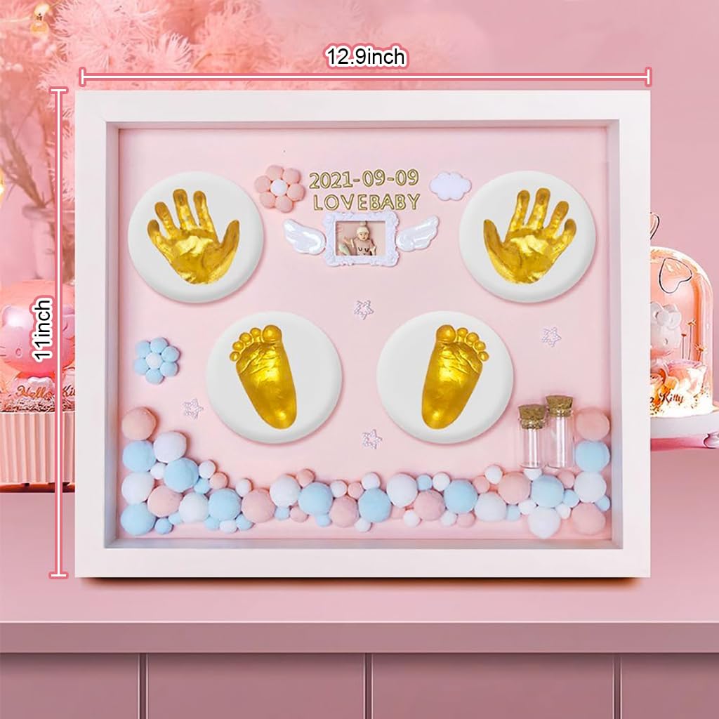 PATPAT Baby Clay Footprint & Hand Print Kit Golden Paints Baby Hand & Foot Clay Kit with Photo Frame & Accessories Newborn Handprint and Footprint Clay Kit, Baby Shower Gift for Girls (Pink)