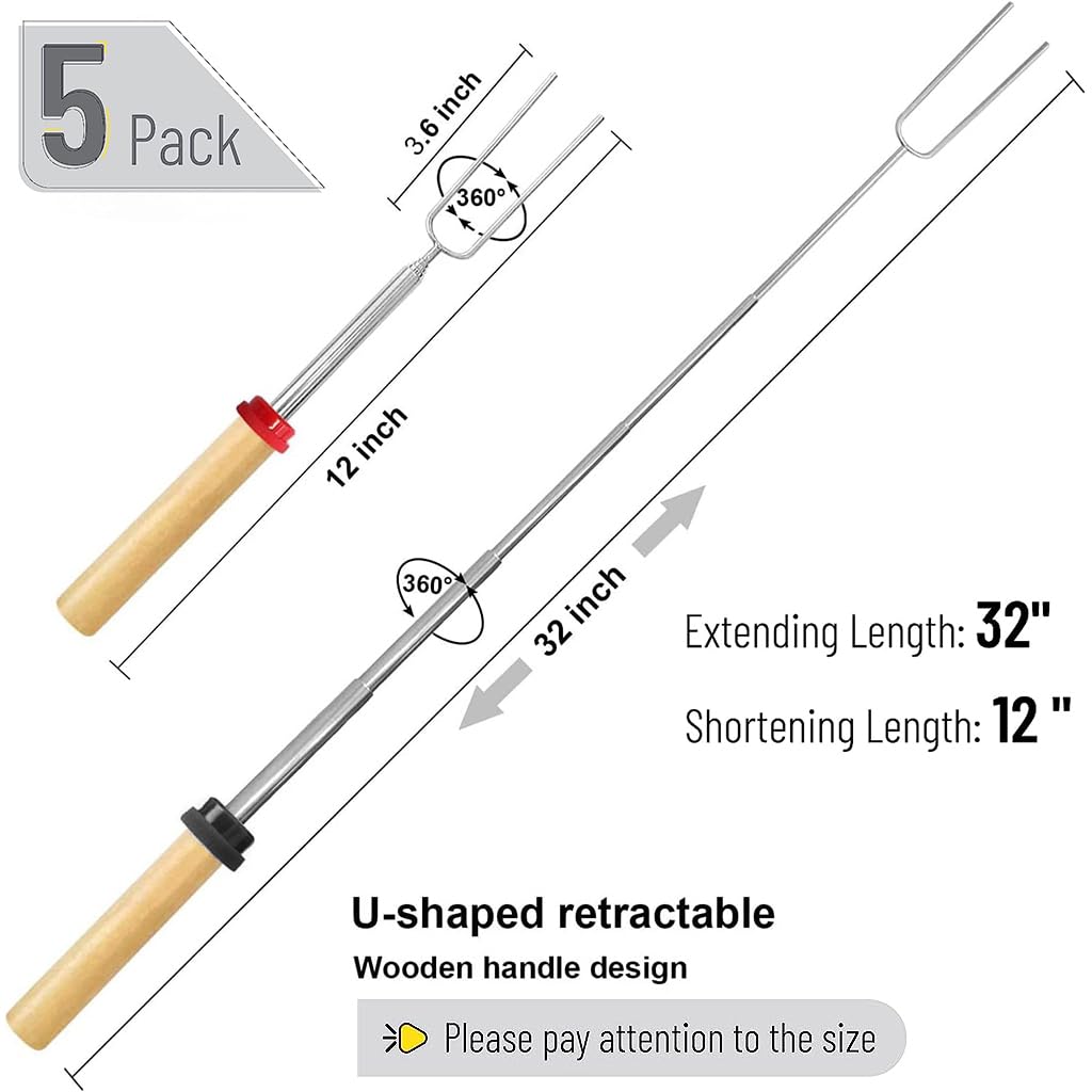 HASTHIP 5Pcs Barbeque Stick, 32'' Extendable Stainless Steel Skewers for Grilling, Portable Wooden Handle Roasting Stick, Campfire Sticks, Reusable BBQ Grill Stick for Cooking Tools