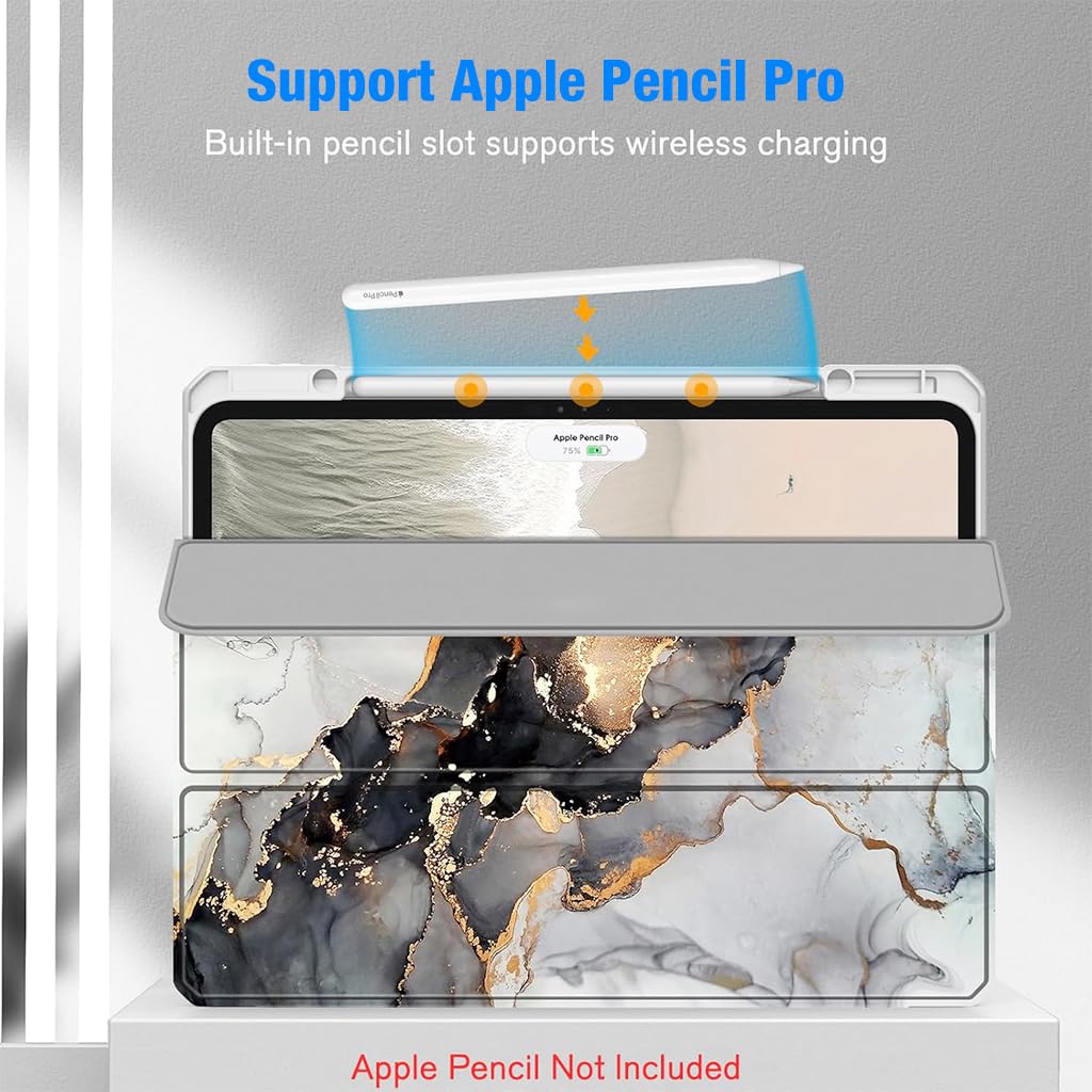 ZORBES Tablet Case for iPad Pro 13inch 2024 Fashion Marble Pattern Transparent iPad Case Cover with Pen Holder, Acrylic Hard Shell Protector Case Cover for iPad Pro 13inch (M4) 2024 A2925, A2926