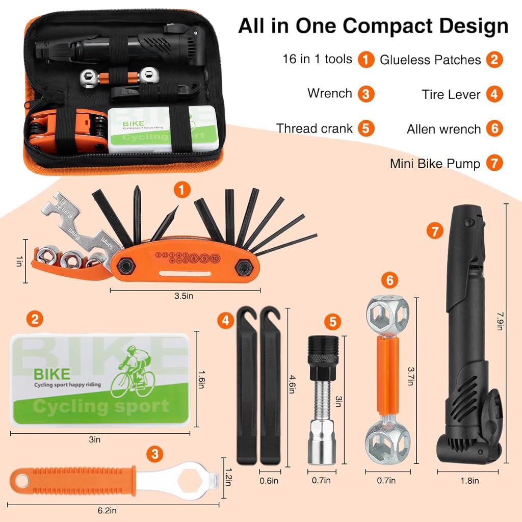 Proberos Bicycle Repair Bag with Tire Pump, Portable Tool Kit with Patches, Inflator, Maintenance Essentials All in One Safety Kit, Portable Tool Kit for Camping Travel