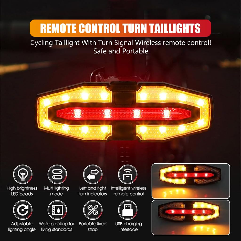 Proberos Waterproof Bike Tail Turn Signal Light with Remote Control High Brightness Dual Color LED Bike Warning Light with 3 Modes USB Rechargeable LED Turn Siginal Light for Bike, Motorcycle