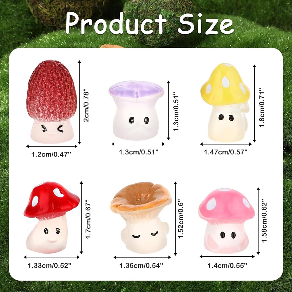 HASTHIP 6Pcs Mini Luminous Mushrooms Plant Miniature Moss Landscape Decorations Resin Miniature Decor for Moss Landscape, Garden Ornament, Flower Pots, Dollhouse Garden Decorations, 1.2x1.6cm