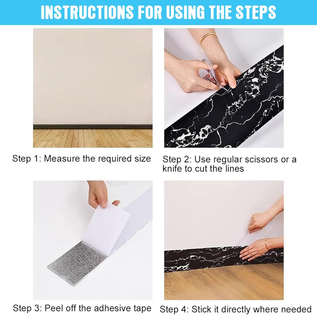HASTHIP 4Pcs Wall Border Sticker, Black Marble Crack Pattern Self-Adhesive Baseboard Trim, Waterproof PVC Self Adhesive Wallpaper Border for Home, Bathroom, Living Room (23.5 X 3.1 Inch)