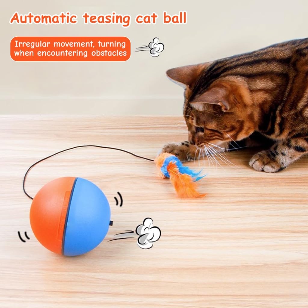 Qpets Cat Ball Toy, Cats Teasing Toy Ball Cat Chasing Chew Ball Toy with Feather Tail, Electric Random Turn Grinding Toy Indoor Self-Entertainment Cat Toy(Not Included Battery)