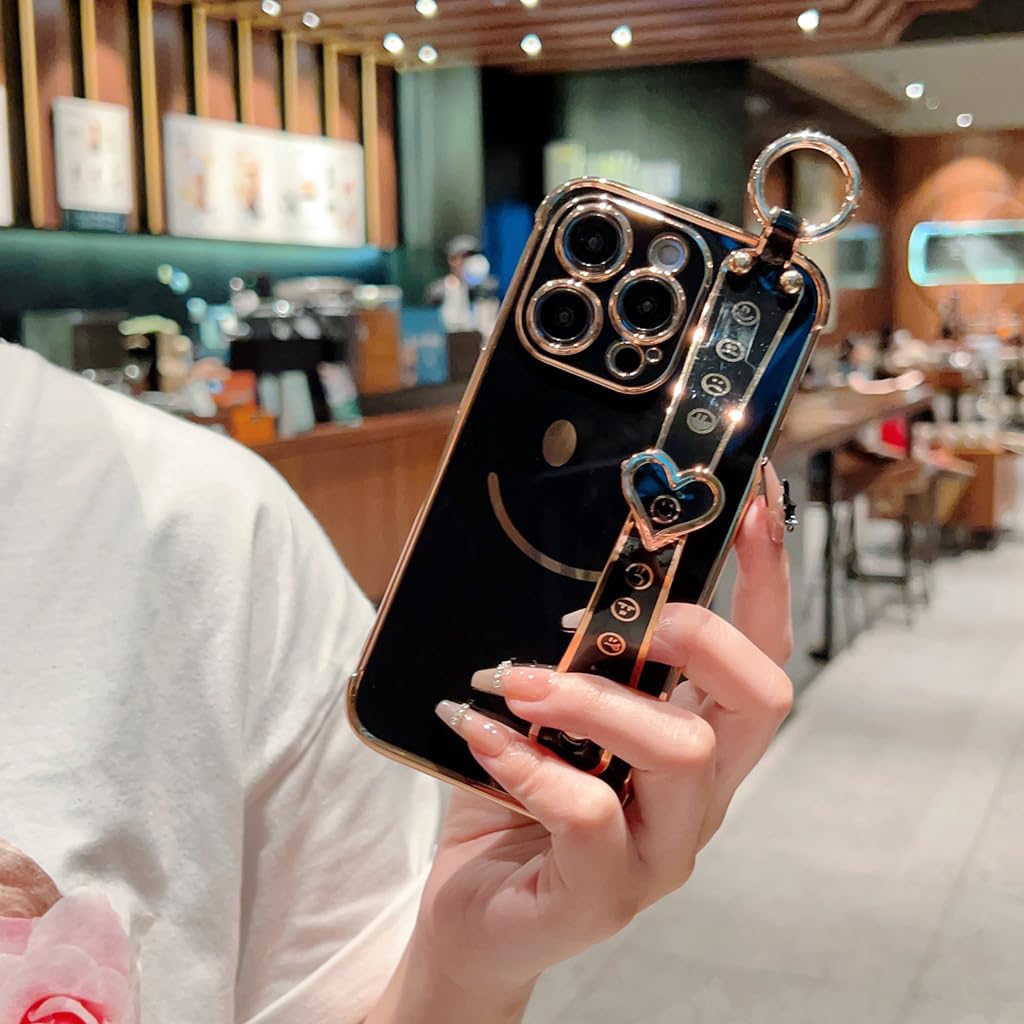 ZORBES Phone Case for iPhone 14 Pro Max Stylish Smile Face Phone Case with Hand Grip Strap & Metal Ring Golden Electroplating Frame TPU Phone Cover for iPhone 14 Pro Max 6.7 inch, Black