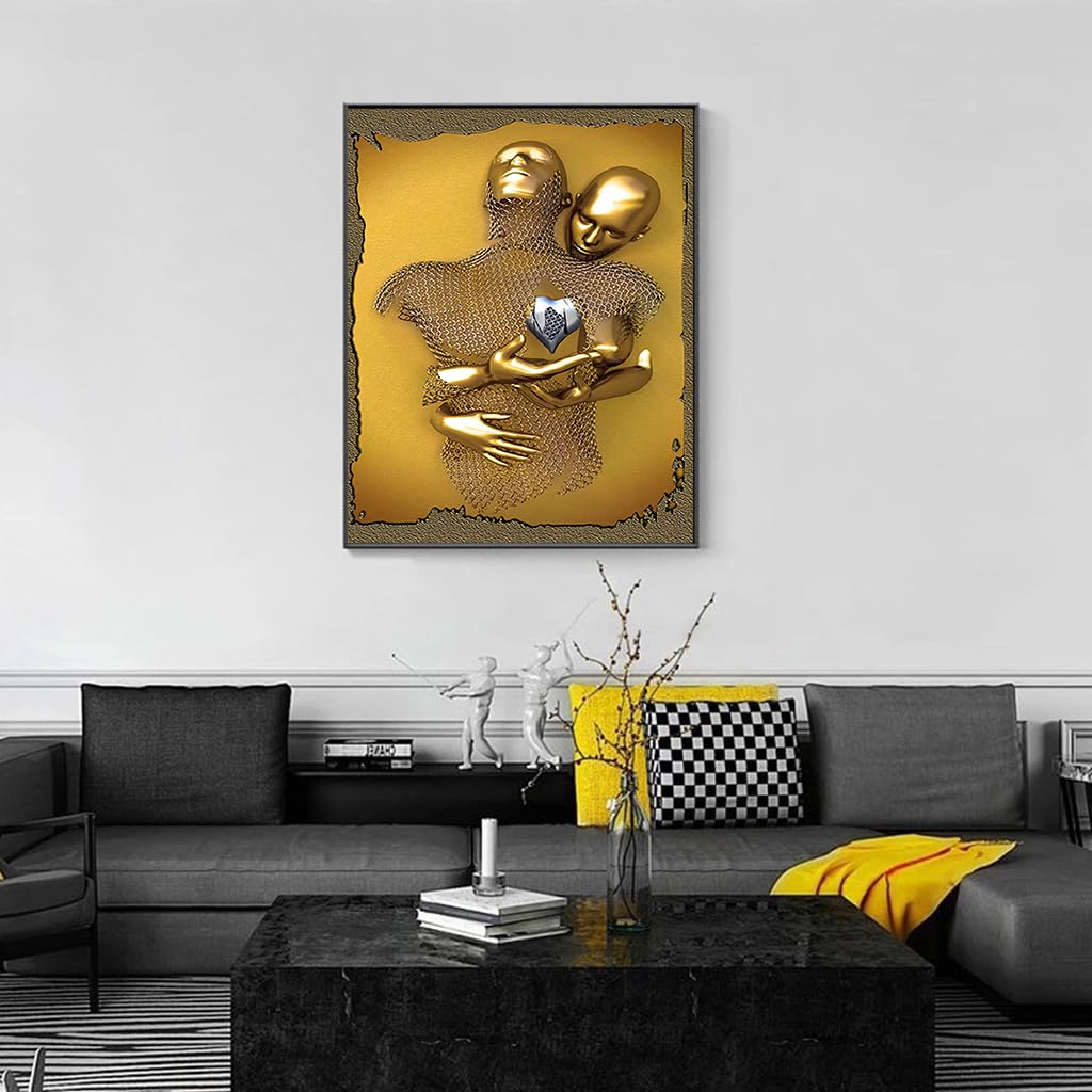 HASTHIP 3D Painting Metal Figure Statue Art Couple Love Heart Kiss Pictures Wall Art Canvas Print Poster Drawing Decor for Home Living Room Bedroom Office - Without Frame (30x40cm) Heart