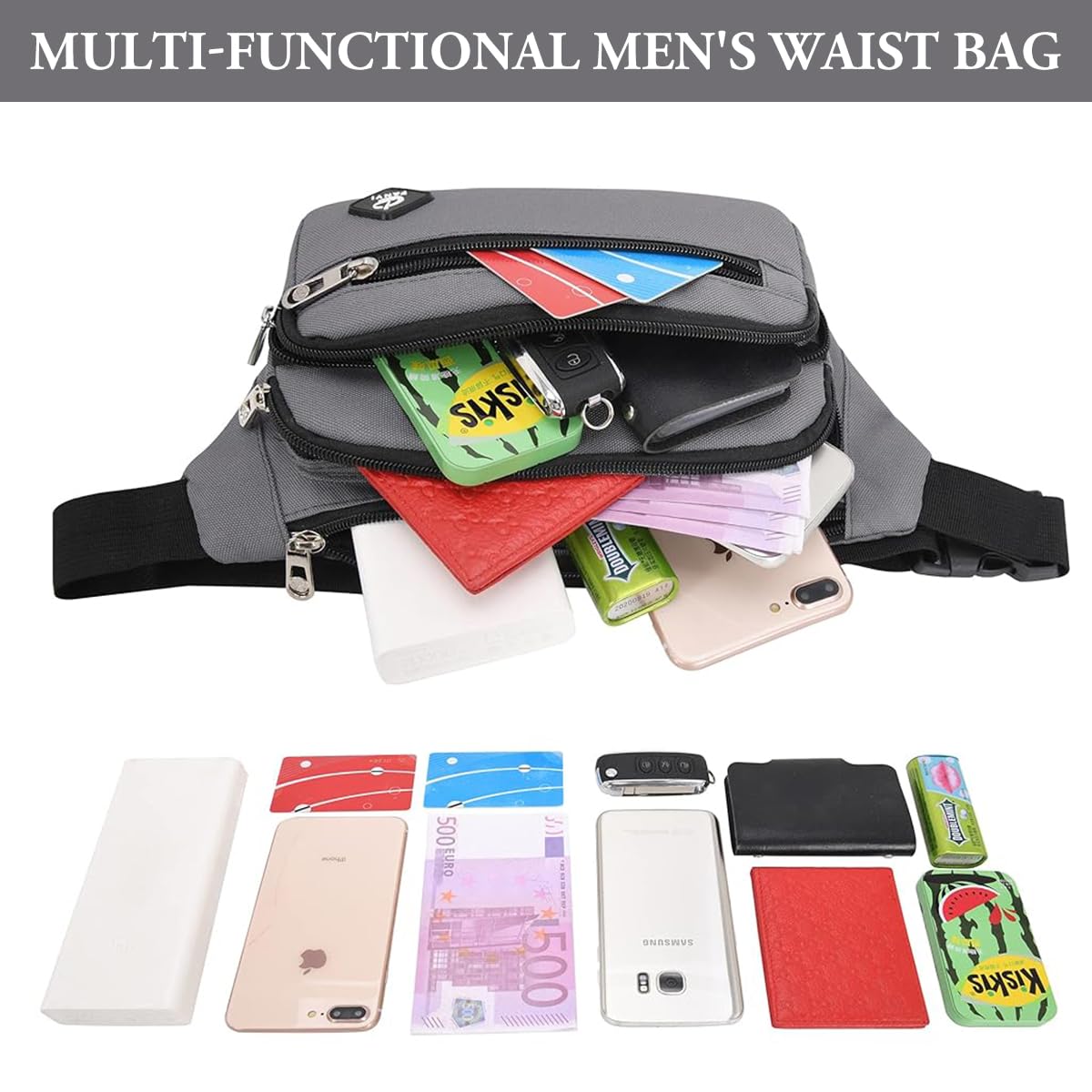GUSTAVE Waist Bag for Men Crossbody Chest Bag with 4 Zipper Pouches, Adjustable Waterproof Lightweight, Multi-Functional Fashion Design, Ideal for Travel and Daily Commute, 30x7x14cm