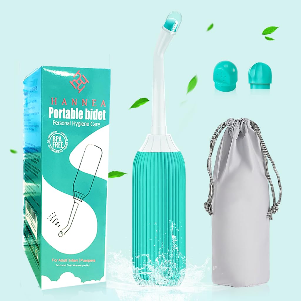 HANNEA 500ml Portable Retractable Travel Bidet with Bag/2 Nozzles for Toilet Handheld Postpartum Perineal Cleansing Childbirth Cleaner - for Outdoor,Camping,Personal Hygiene (Green, 500ml)
