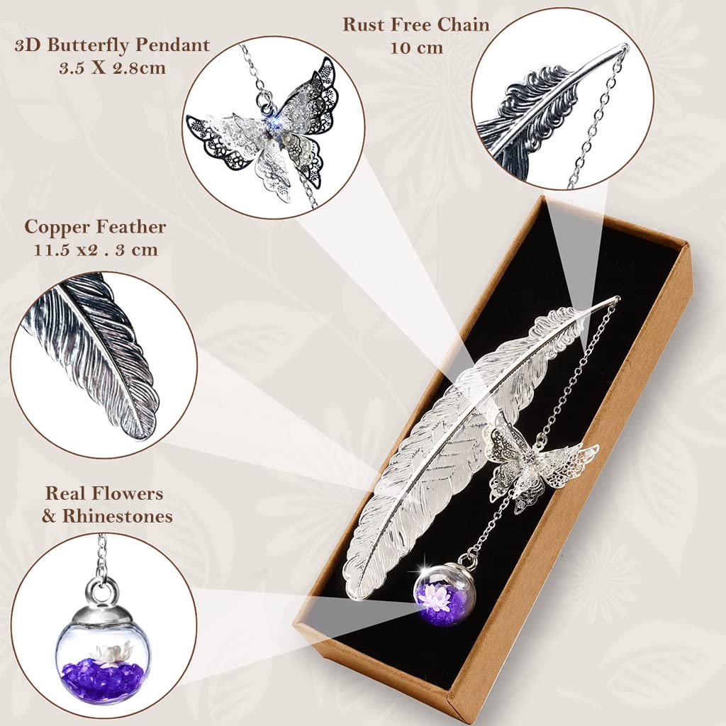 HASTHIP Metal Feather Bookmark with Glass Beads Pendant, Vintage Feather Butterfly Bookmark for Reading Enthusiasts and Gifting, Bookmark Gift for Teachers Women (Silver Bookmark, Purple Flower)