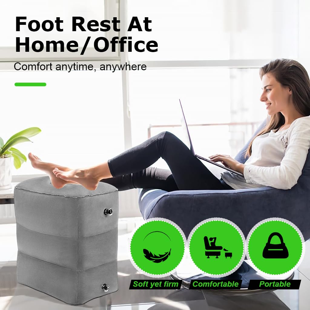 HANNEA Inflatable Foot Rest Pillow for Travel, Kids/Adults Airplane Travel Pillow with Pump & Storage Pouch, Portable Adjustable Three Layers Height Foot Stool for Sleep, Office, Home, Any Travel