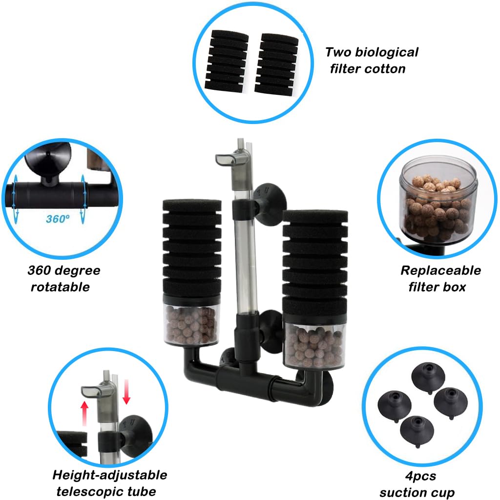 Qpets Aquarium Water Filter Fish Tank Internal Filters with Suction Cups Biochemical Filtration Cotton Columns Water Filter, Quiet Aquarium Water Filter with 4 Cotton Columns & Filtration Ball Pack