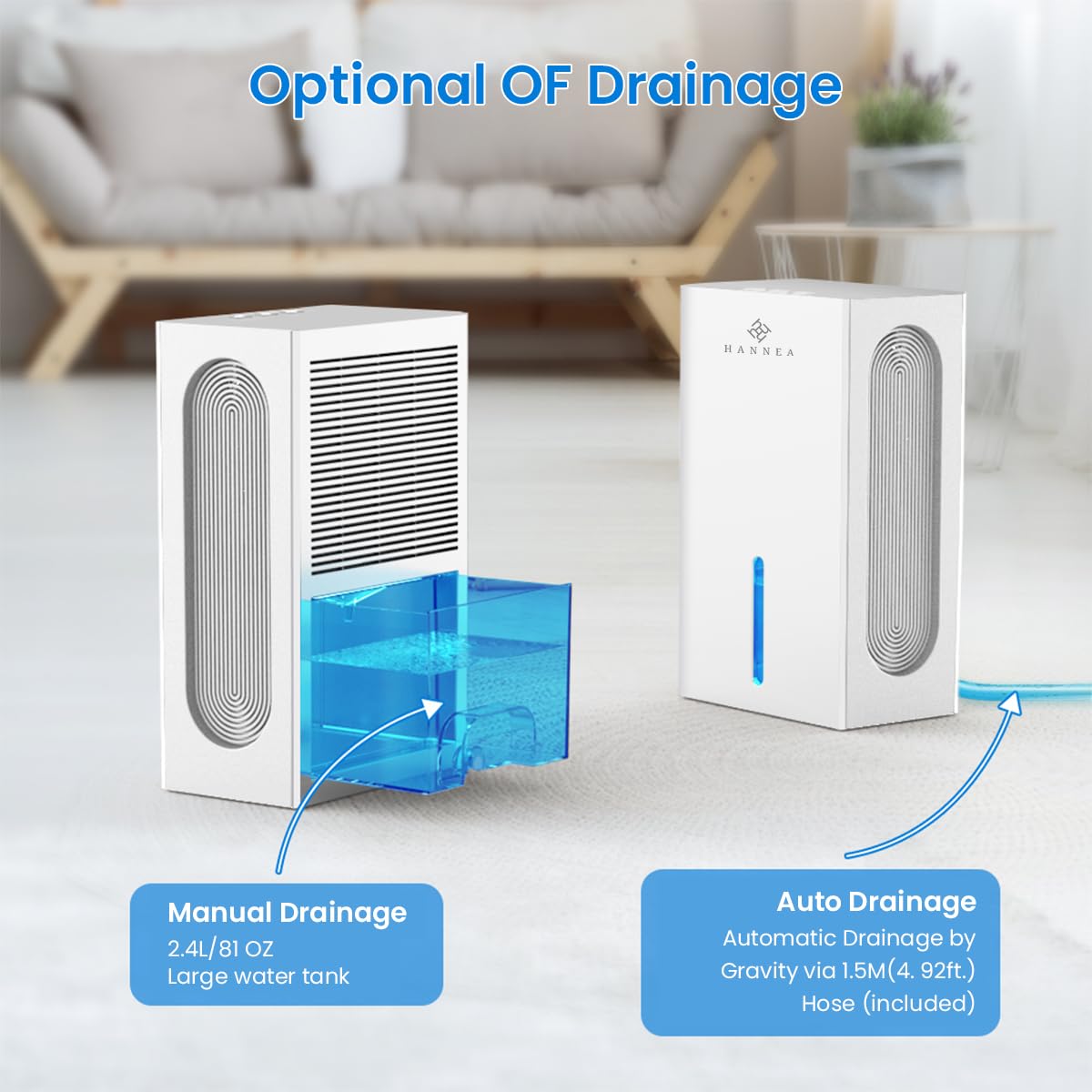 HANNEA 2.4L Dehumidifiers for Room Home, 500 sq. ft/Drain 1.1L/day Small Dehumidifier for Bedroom Bathroom Cloakroom RV Closet, Quiet Dehumidifier with Auto Shut Off, 7 Colors LED Light