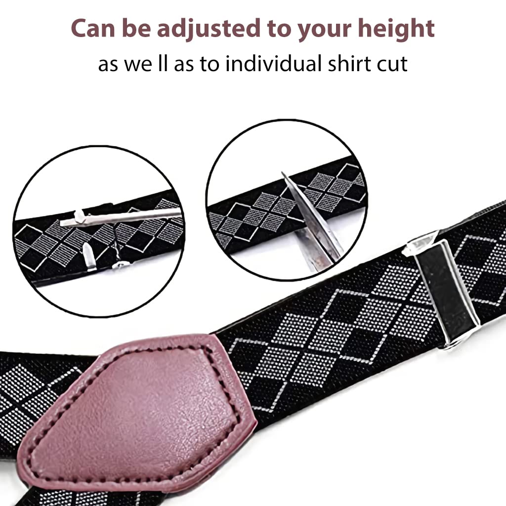 GUSTAVE Y-Style Garters Shirt Stays with Non-Slip Locking Clamps and Adjustable Belt Strap (Black/Grey)