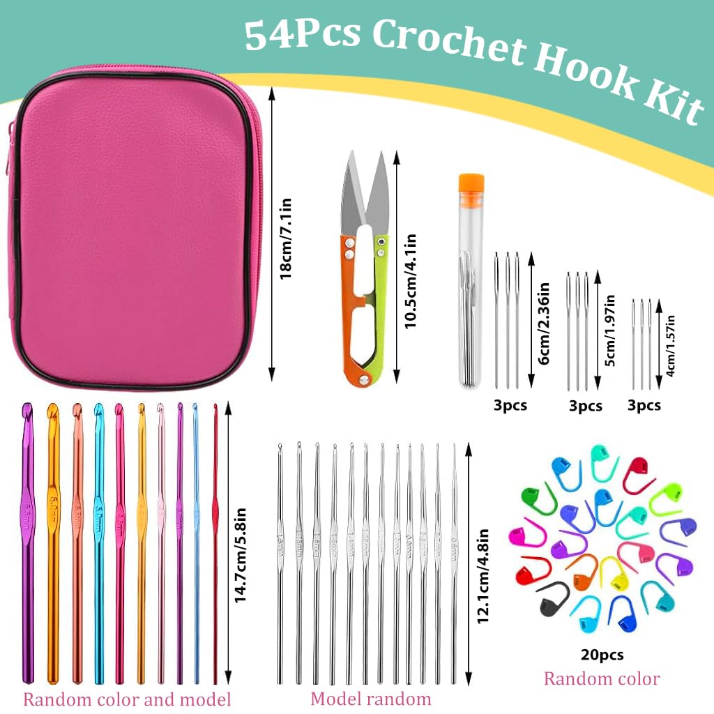 HASTHIP 54PCS Crochet Needles Set, Ergonomic Crochet Hooks Kit with Storage Case, Crochet Hooks Needles Set Stitch Marker DIY Craft Hand Knitting Craft Art Tools for Beginners