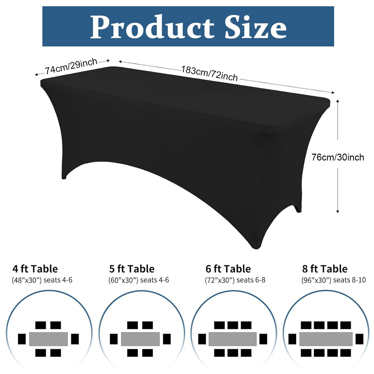 HASTHIP 5.3ft Table Cloth Stretchy Table Cloth for Rectangular Table Oblong Table Fitted Events Stretch Black Table Cover for Party, Wedding, Cocktail, Banquet, 5.3ft x2.49x2.42 inches