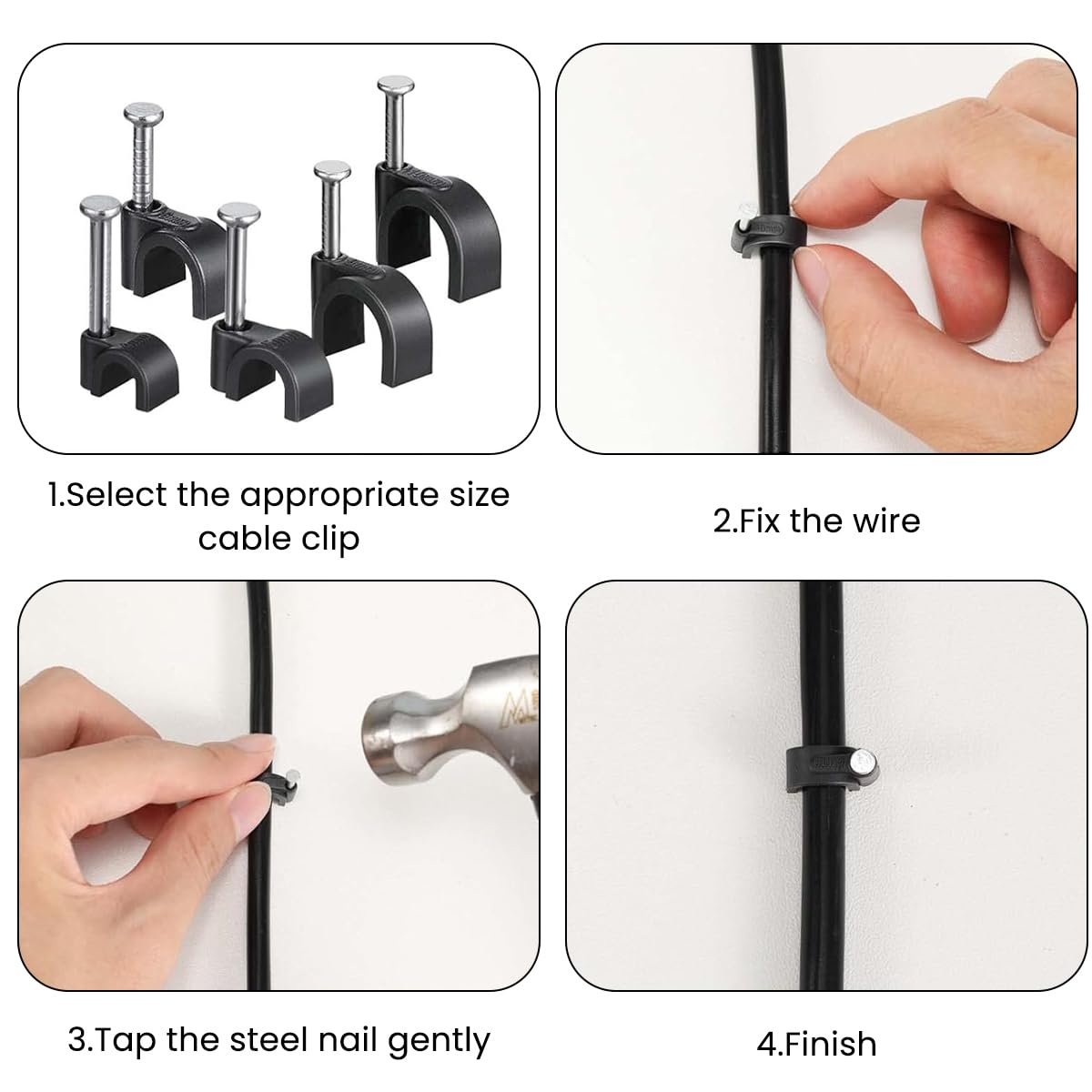 Supvox 200Pcs Cable Clips 4/6/8/10mm Cable Clips Cable Clamp Wire Clips Cord Organizer, Round Wire Clamps RG6 RG59 CAT6 RJ45 Ethernet Cable Clips for Hanging Cables Fitting on Wall (Black)