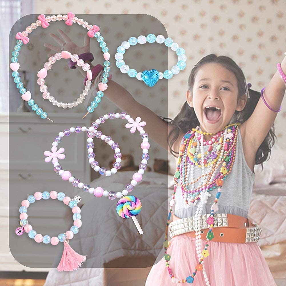 PATPAT Jewelry Making Kit,Girl DIY Bracelet Set,Fun and Colorful Beads,Children's Self-Made Necklace and Hair Band Ring, Birthday Gift, Suitable for Children Over Three Years Old (Pink), Acrylic