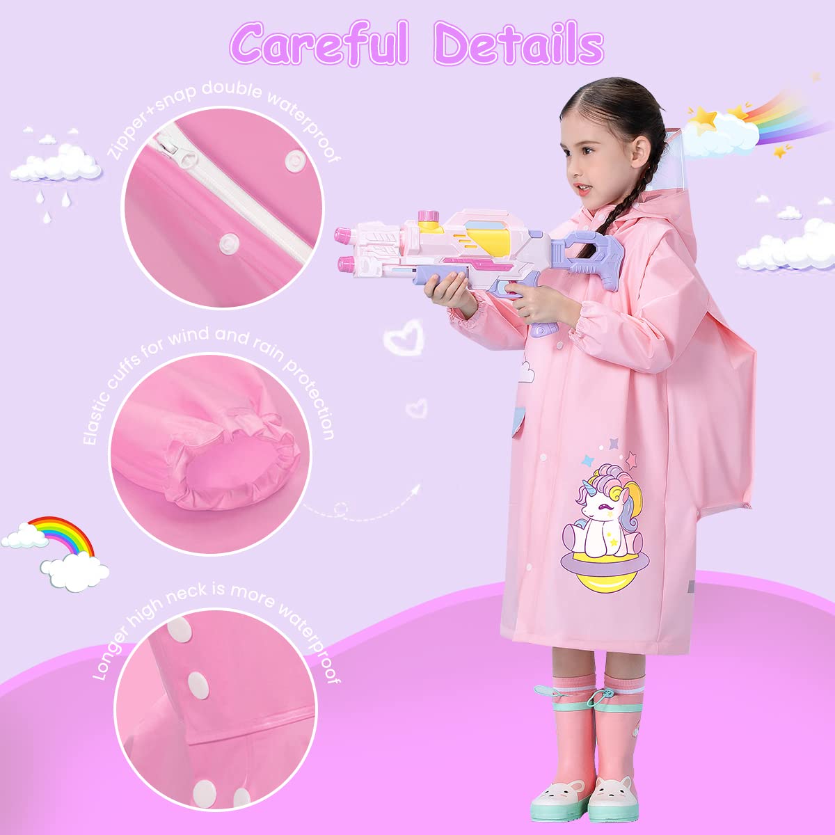 PALAY Raincoat for Kids Boys Girls with Pockets, EVA Hooded Raincoat with School Bag Rain Cover, Unicorn Printed Kids Rain Coat (XL, 115-130cm)