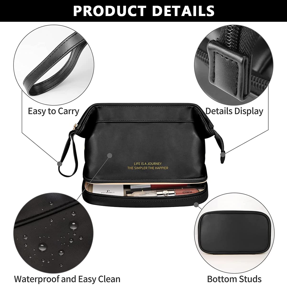 MAYCREATE Large Capacity Cosmetic Bag, Women's Makeup Travel Bag Portable Leather Cosmetics Bag with Handle, Double Layer Portable Zipper Toiletry Bag for Travel Makeup Organizer, Black