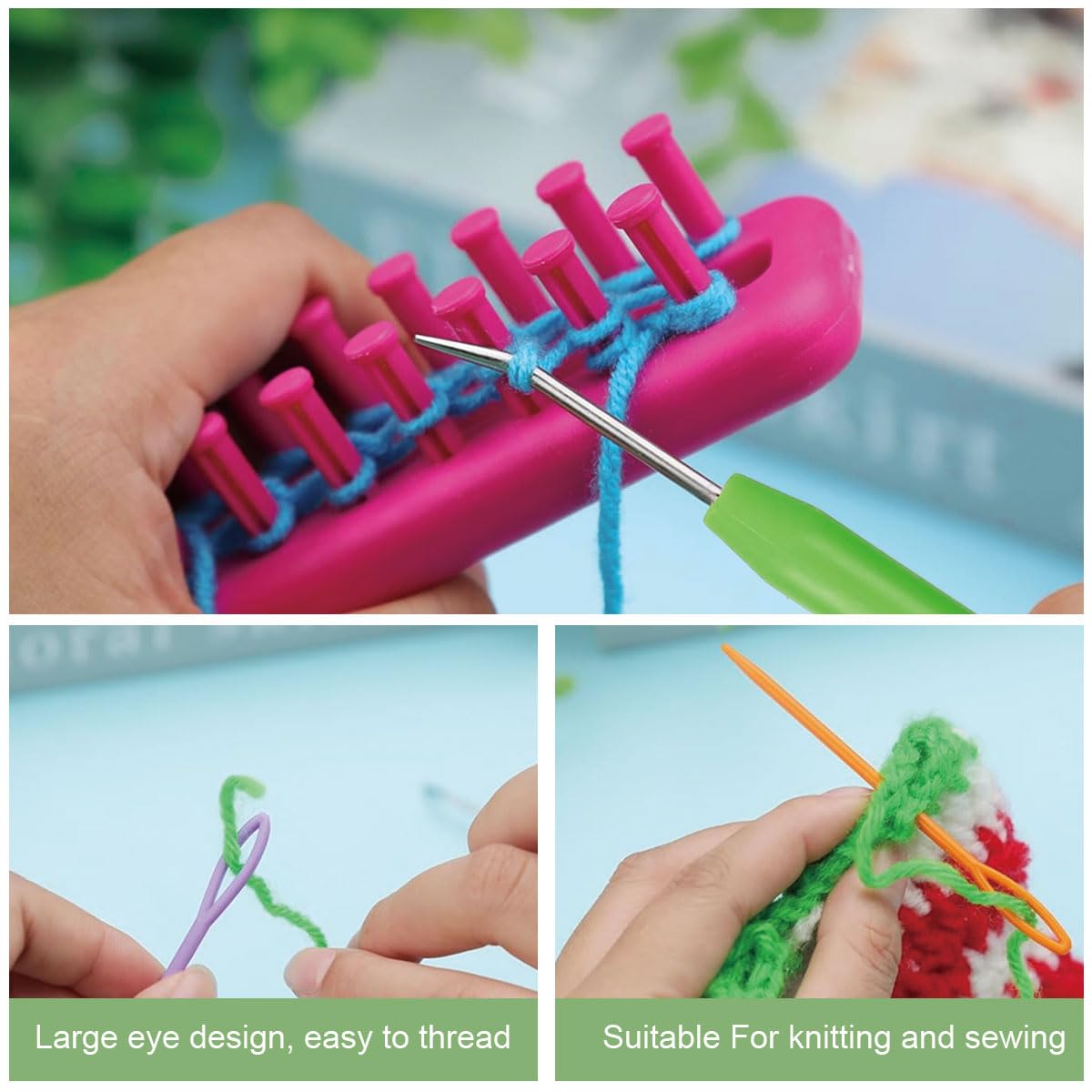 HASTHIP Loom Knit Hook Set, Crochet Needle Hook Kit, 8 Pcs Green Knitting Loom Hooks with 12 Pcs Colorful Plastic Sewing Needles
