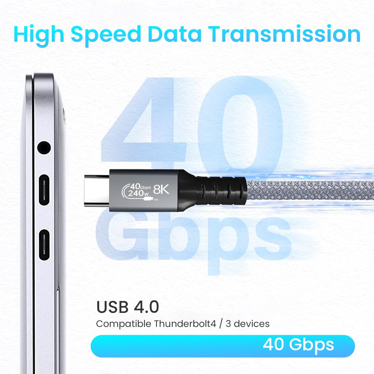 Verilux® USB C to USB C Cable USB 4 Cable PD 240W Fast Charging Cable Data Cable Compatible Thunderbolt 4/3, Support 8K/6K@60Hz & 40Gbps Data Transfer for MacBook Pro/Air Samsung S22