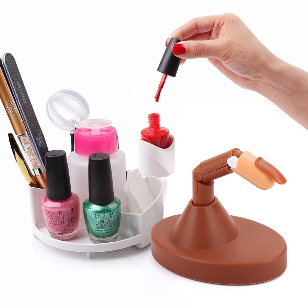 MAYCREATE Nail Art Practice Fake Finger Model for Acrylic Nails Includes 3 Action Finger Models, 1 Finger Model Base, Pack of Fake Finger Nails, Plastic Fake Finger Model
