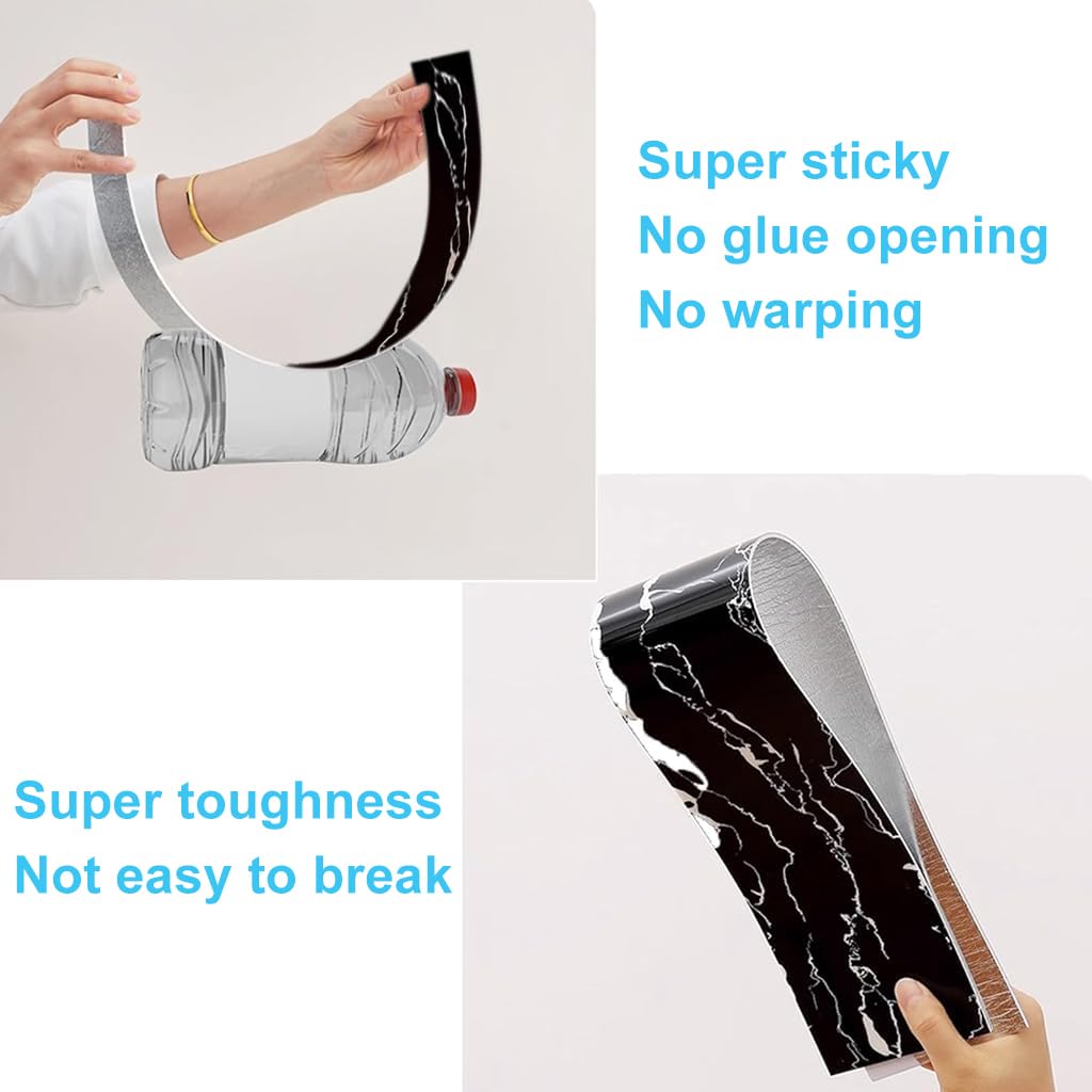 HASTHIP 4Pcs Wall Border Sticker, Black Marble Crack Pattern Self-Adhesive Baseboard Trim, Waterproof PVC Self Adhesive Wallpaper Border for Home, Bathroom, Living Room (23.5 X 3.1 Inch)