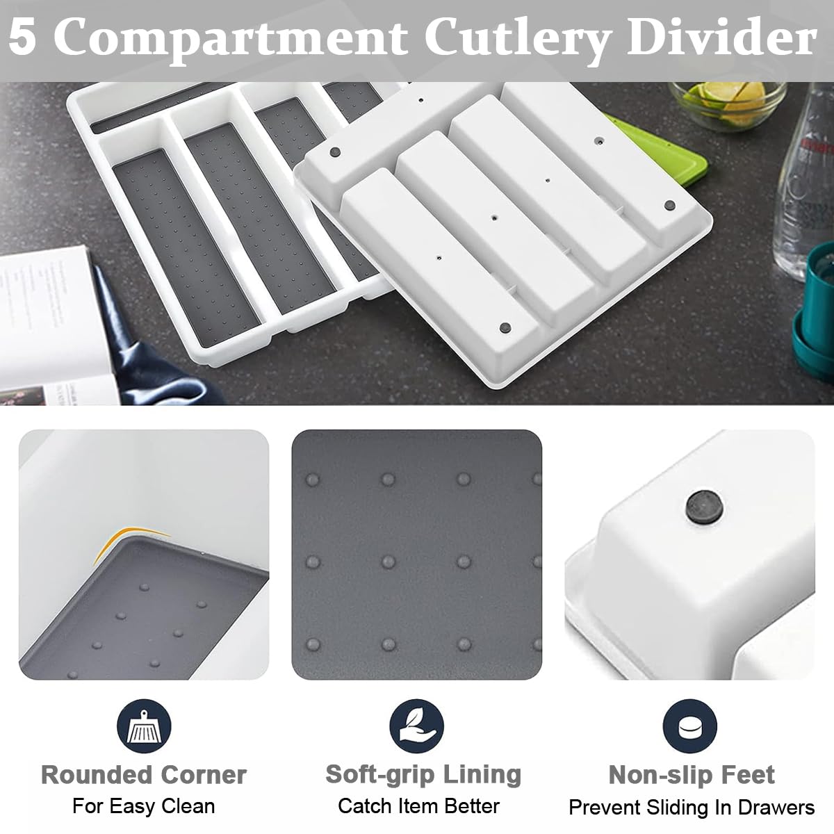 HASTHIP Plastic Cutlery Tray for Kitchen Drawer Silverware Organizer with Non-slip TPR 5 Separate Compartments for Utensils Organization White, Sturdy and BPA-Free