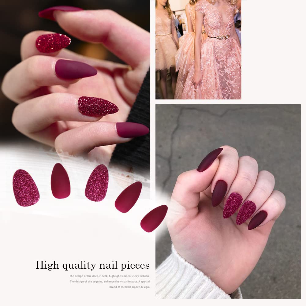 MAYCREATE Artificial Nails for Women, Matte Acrylic Full Cover, Double Sided Adhesive Tabs, False Ballerina Nails Extension with Nail Art, Rose Red, 24pcs