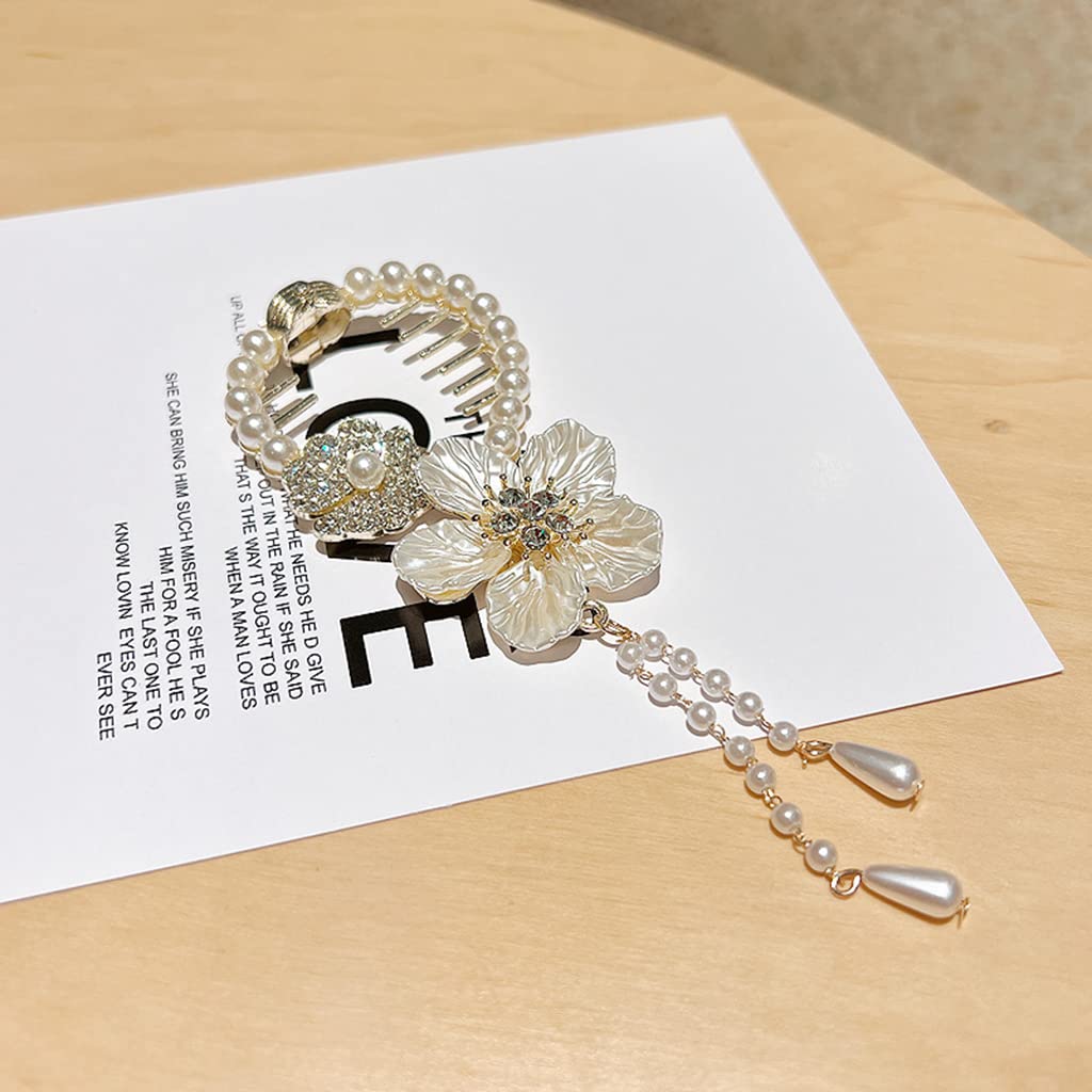 PALAY Tassel Hair Bun Accessories for Women, Pearl Flower Hair Bun Clips, Trendy Hairstyle Claw Hair Clips for Buns, Metal Rhinestone Bun Holder for Party or Daily Use