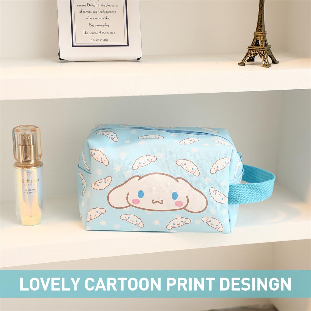 MAYCREATE Small Makeup Pouch, Kawaii Makeup Bag, Cartoon Cosmetic Bags for Women Girls, PU Leather Cosmetic Pouch, Cute Cinnamoroll Travel Toiletry Bag Office School Stationeries Pouch with Handstrap