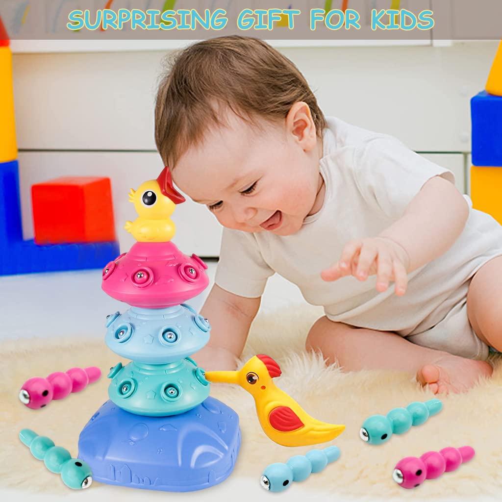 PATPAT Stacking Toy Magnetic Toys for Kids Fine Motor Skill Toys for Kids Electric Rotatable Toddler Woodpecker Catch and Feed Game, Bird Caterpillars Toy Set Montessori Toys for 3 Year Old Boy