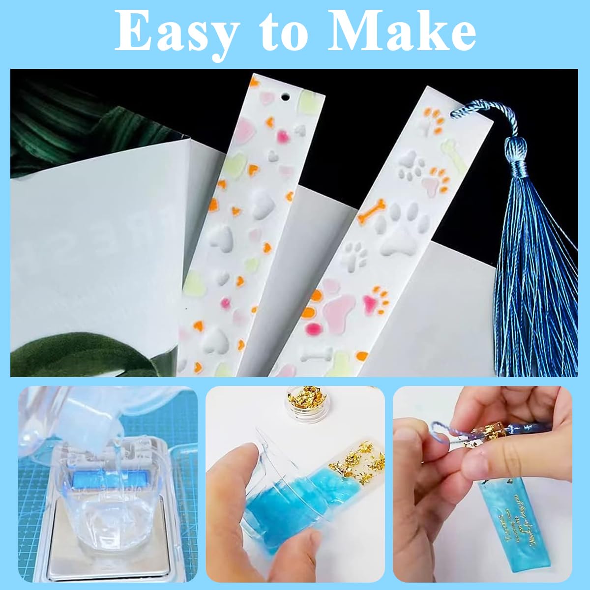 HASTHIP 1PC Shiny Bookmarks Silicone Mold, DIY Bookmark Resin Mold Rectangle Bookmark Silicone Molds with 8pcs Colorful Tassels for Jewelry DIY