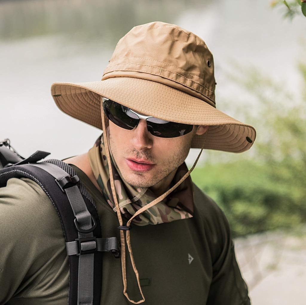 GUSTAVE® Men Synthetic Sun Hat Wide Brim Summer Cap UV Protection Fishing Beige Free Size 2PCS