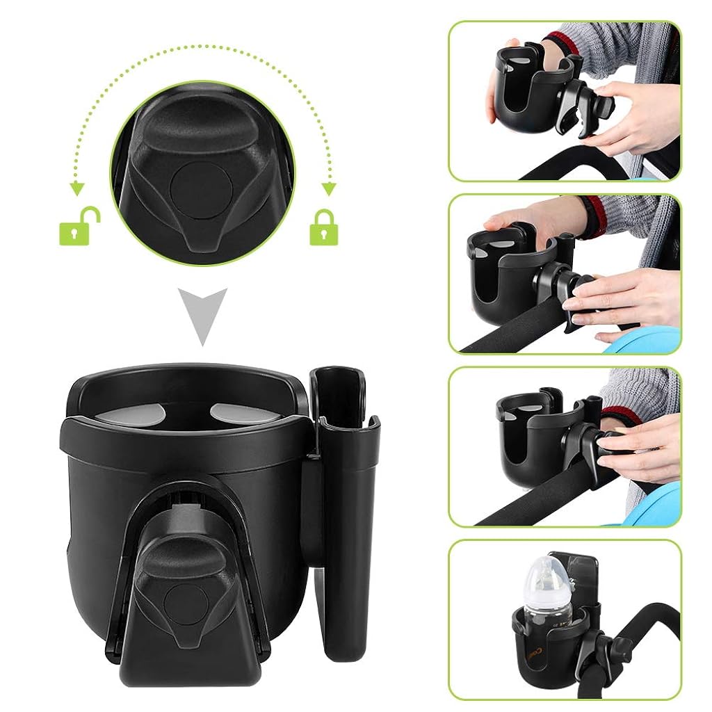 Proberos® Stroller Cup Holder with Phone Holder, 2-in-1 Cup Stroller for Bike Universal Strollers, Bike, Wheelchair, Walker, Scooter - Black