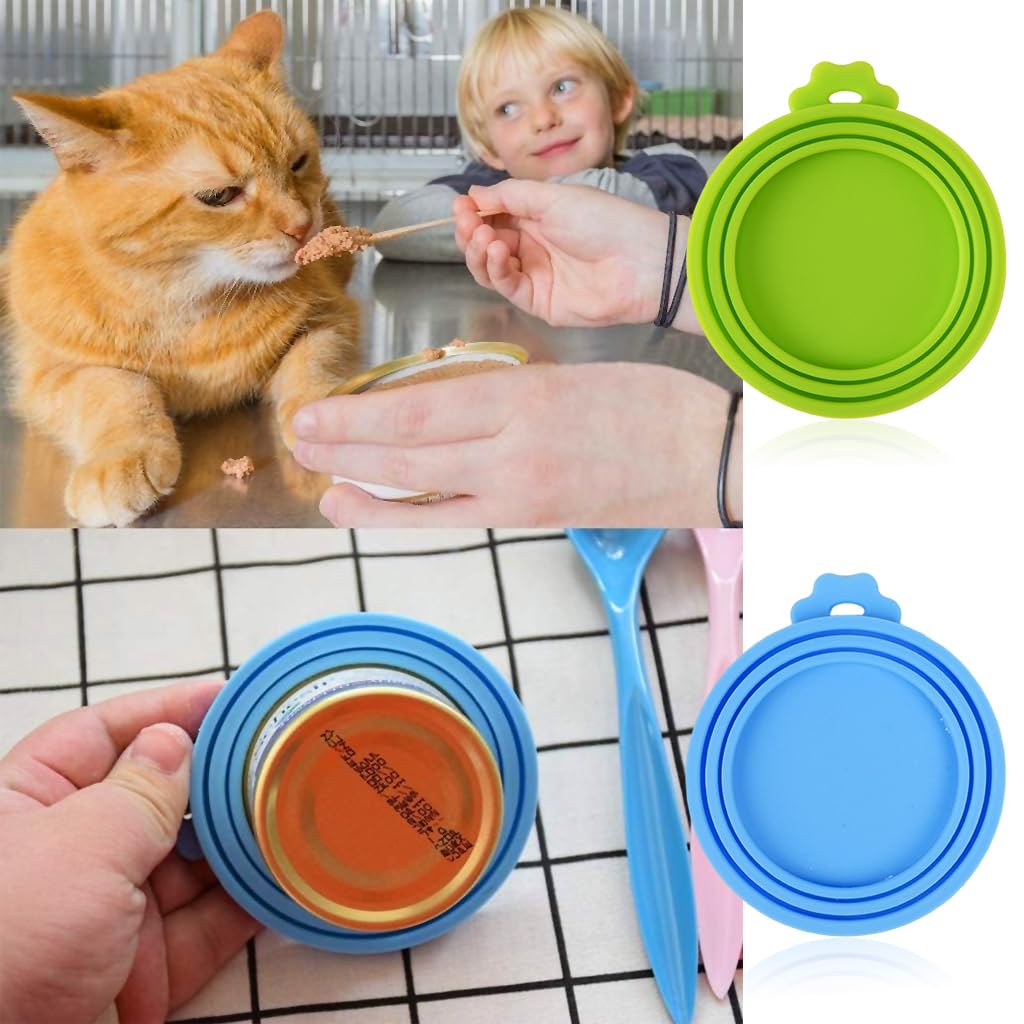 Qpets 2Pcs Pet Can Lid Cover, 3 In 1 Silicone Pet Food Can Lid for Food Storage, Soft Easy to Clean and Fresh-Keeping Lid for Cat Dog Food Can Lid Can Cover for 3/5.5/12 Oz, Blue & Green