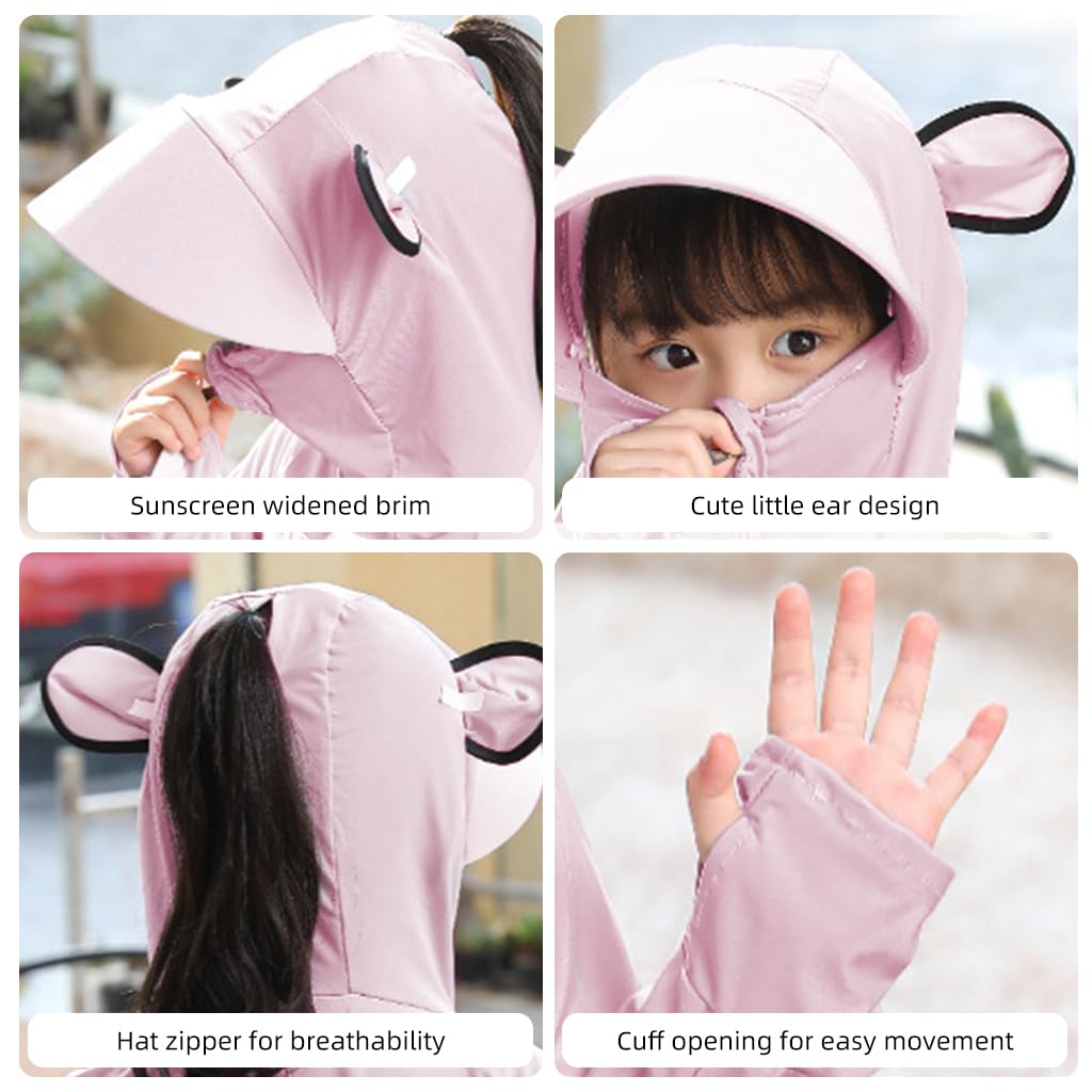 PALAY Sunscreen Jacket for Girls, UPF 50+ Sun Protection Hoodie Jacket for Girl Kid Long Sleeve Wide Brim Hat Summer Coat with Face Mask for Hiking Outdoor 110-130cm Girl