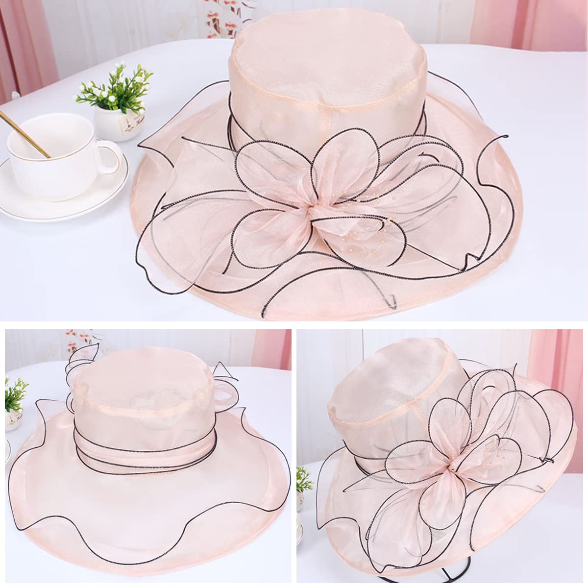 PALAY Fascinator Hat for Women Organza Ladies Cocktail Tea Party Top Hat Elegant Church Wedding Bridal Flower Hat for Events, Banquet, Travel Wide Brim Sun Hat (Pink)