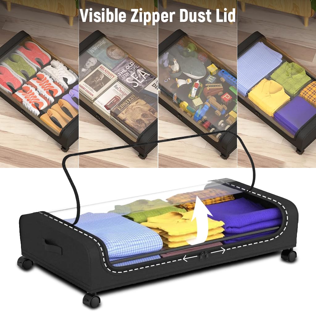 HASTHIP 1 Pcs Under Bed Storage Organizer Zip Cover with Wheels, Rolling Under Bed Storage Container, 32