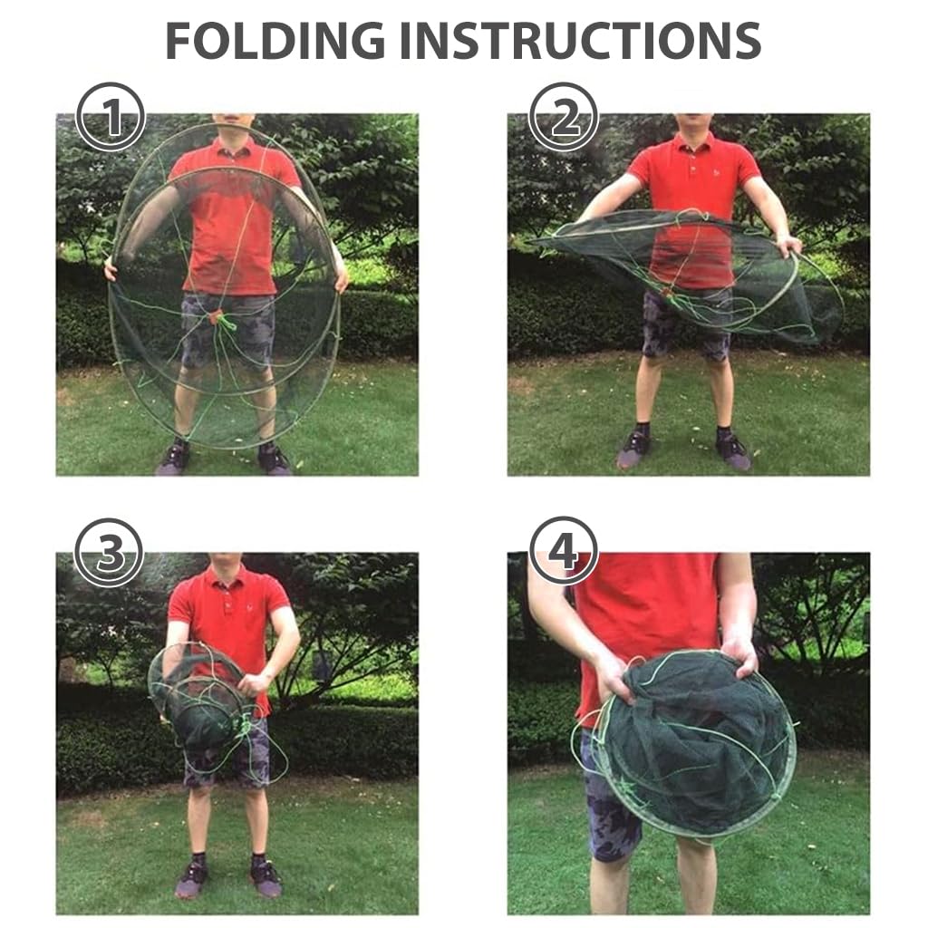 Proberos Foldable Fishing Net, 39 Inches Wide Open Hand Casting Cage Crab Net, Fishing Basket, Sturdy Nylon Mesh Fishing Net for Shrimps, Crab, Lobsters, Fishes