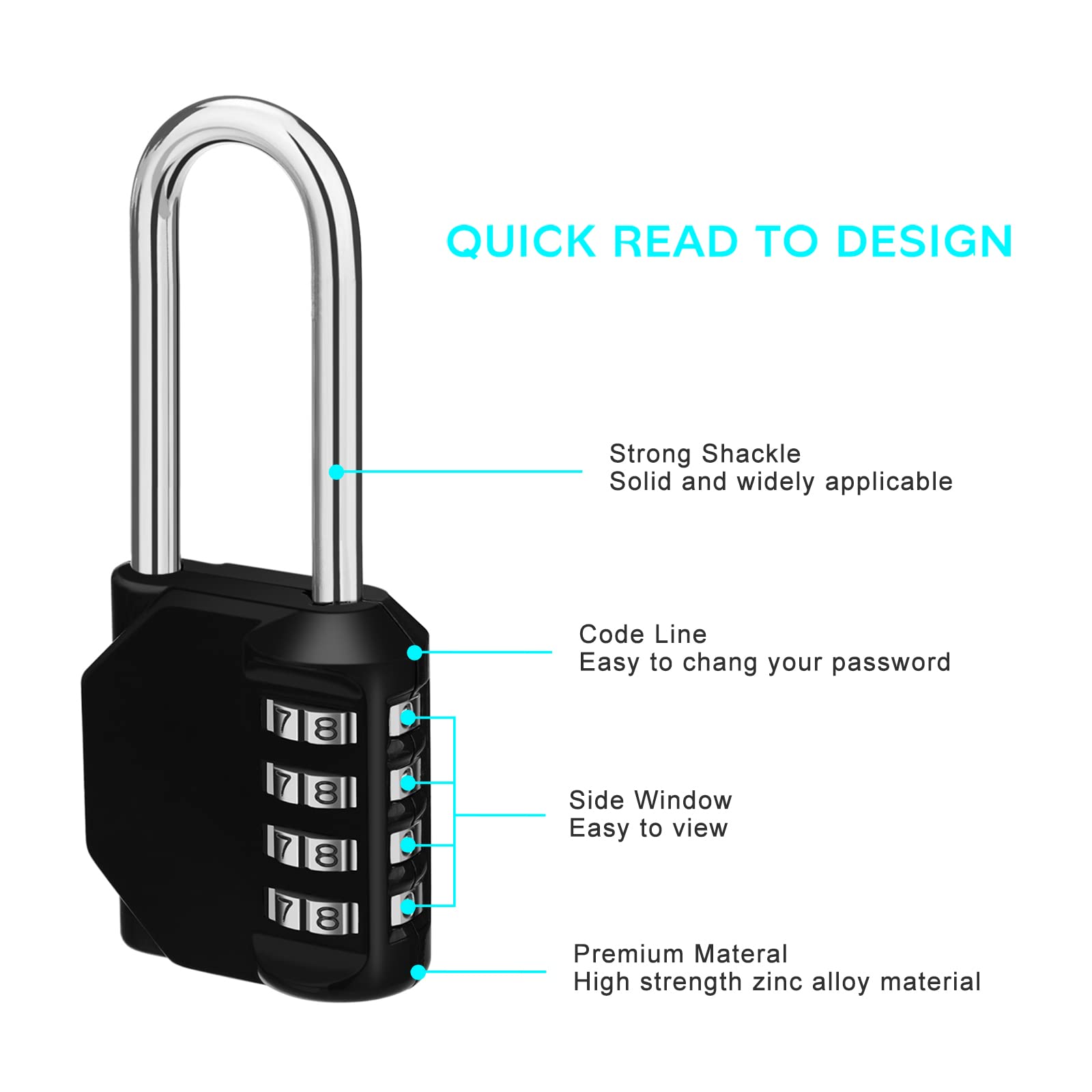 HASTHIP Black XX Luggage Lock with 4 Digit Combination,Long Shackle Padlock and Outdoor Waterproof Resettable Heavy Duty Long Padlock for Lockers,Outdoor Fence,Shed,Garage