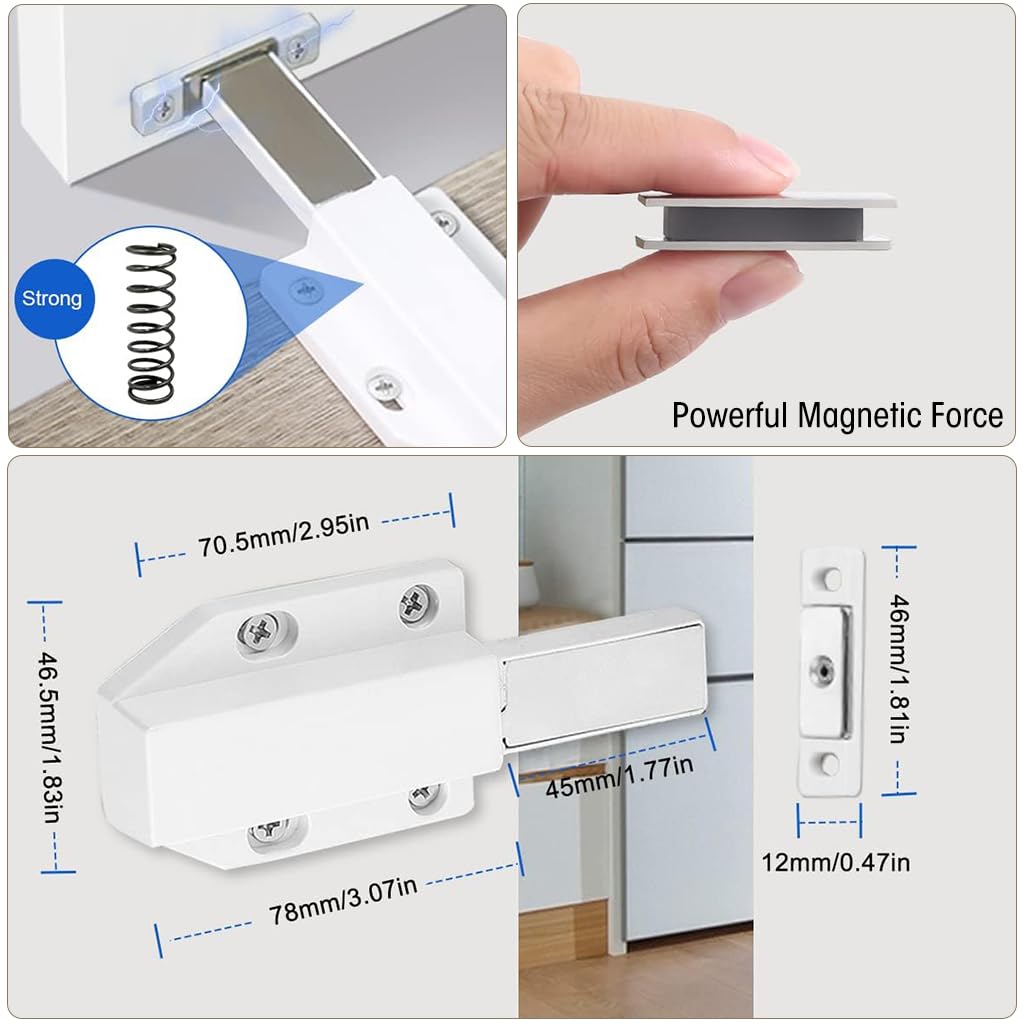 HASTHIP 2Pcs Latch Lock for Door, Magnetic Push Latch Heavy Duty Push to Open Cabinet Hardware Magnetic Touch Latches for Large Door Push Release Latch Kitchen Drawer (White)